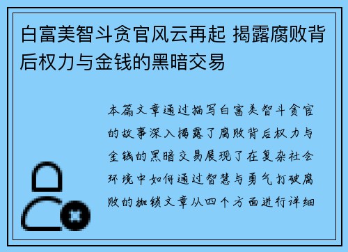 白富美智斗贪官风云再起 揭露腐败背后权力与金钱的黑暗交易